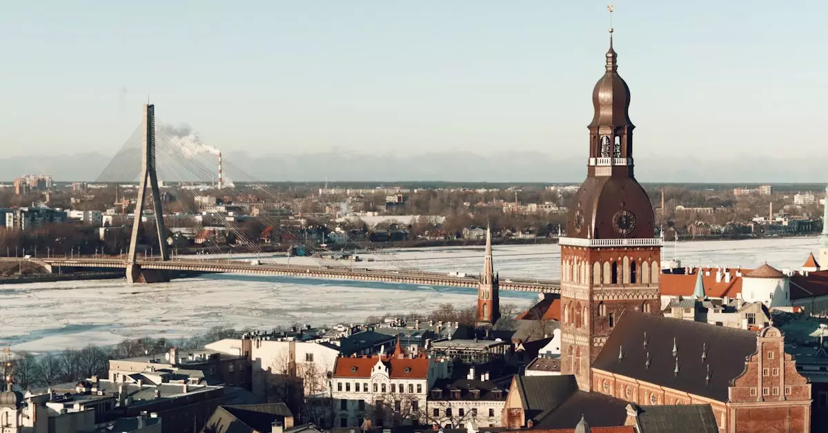 Aerial view of Riga, Latvia showcasing its iconic bridge and cathedral in winter.