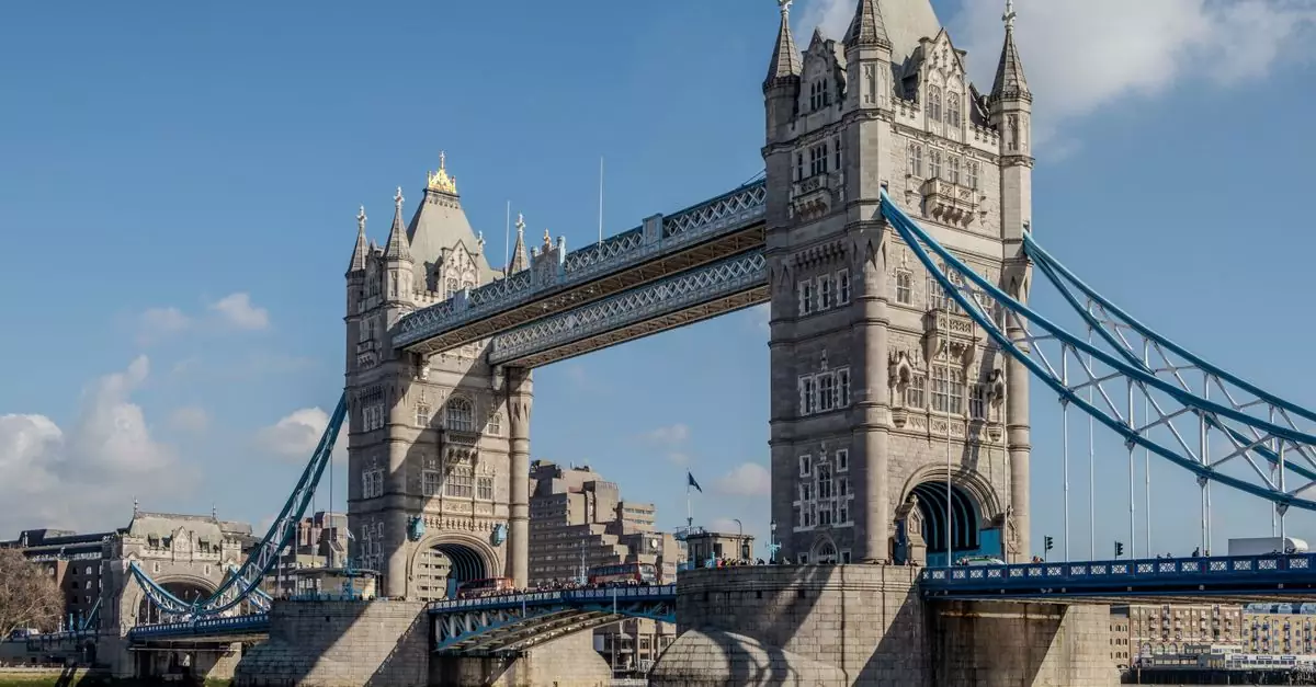 Picture of Tower Bridge in London, UK, with a clear blue sky and a seagull flying overhead.