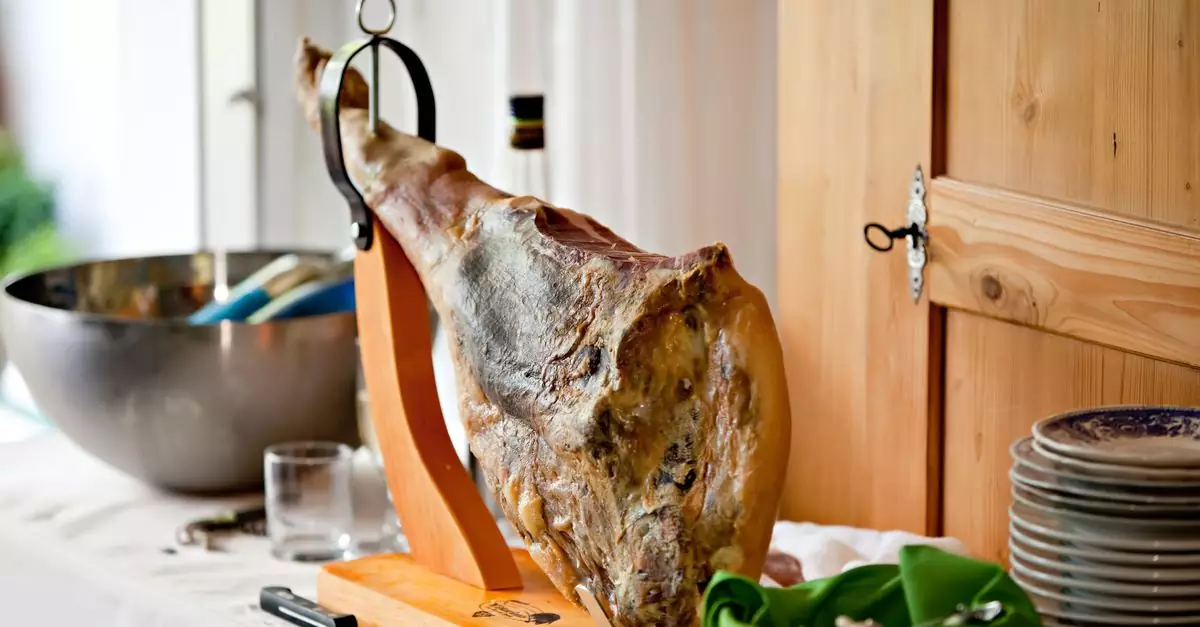 A beautifully displayed cured ham on a wooden stand in a bright kitchen setting, perfect for gourmet dining.