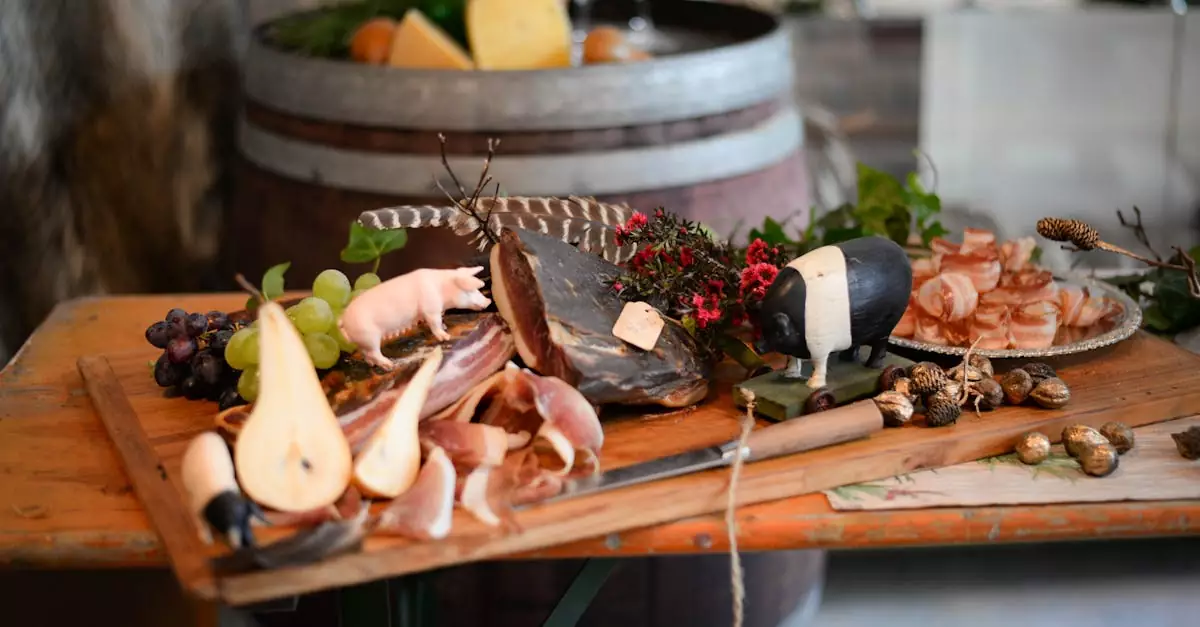High angle of various delicious meat snacks consisting of jamon and bacon served with pig figures and grapes