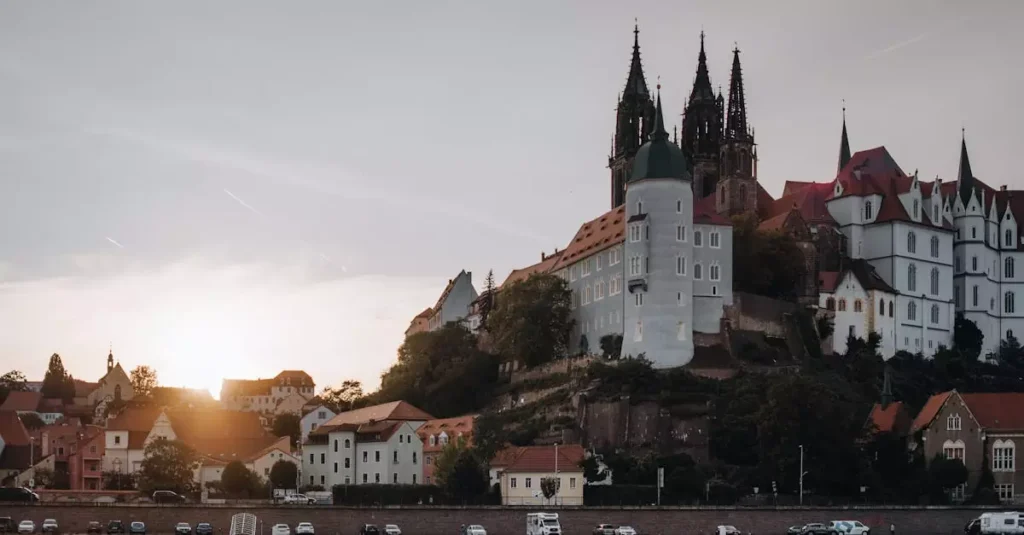 View of Albrechtsburg Castle in Meissen, Germany at sunrise, capturing historic architecture.