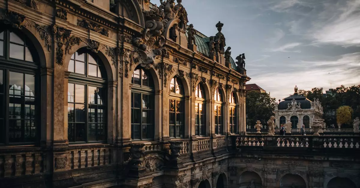 Capture of the Zwinger Palace in Dresden, showcasing stunning Baroque architecture at sunset.
