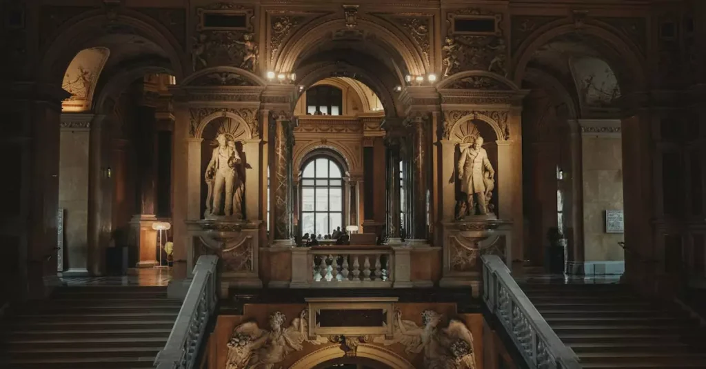 A majestic view inside a Vienna museum showcasing architectural splendor with ornate statues.