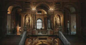 A majestic view inside a Vienna museum showcasing architectural splendor with ornate statues.