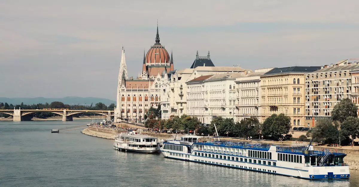 Scenic view of the Hungarian Parliament buildings alongside the Danube River in Budapest, Hungary.