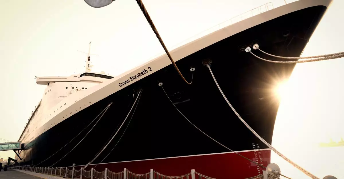 The iconic Queen Elizabeth 2 cruise ship beautifully docked in Dubai's vibrant harbor.
