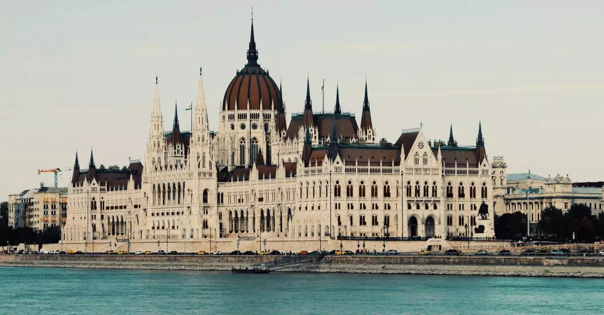 Iconic Hungarian Parliament Building overlooking the Danube River in Budapest, Hungary.