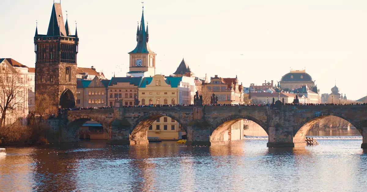 Scenic view of Charles Bridge and historic buildings in Prague, Czech Republic.
