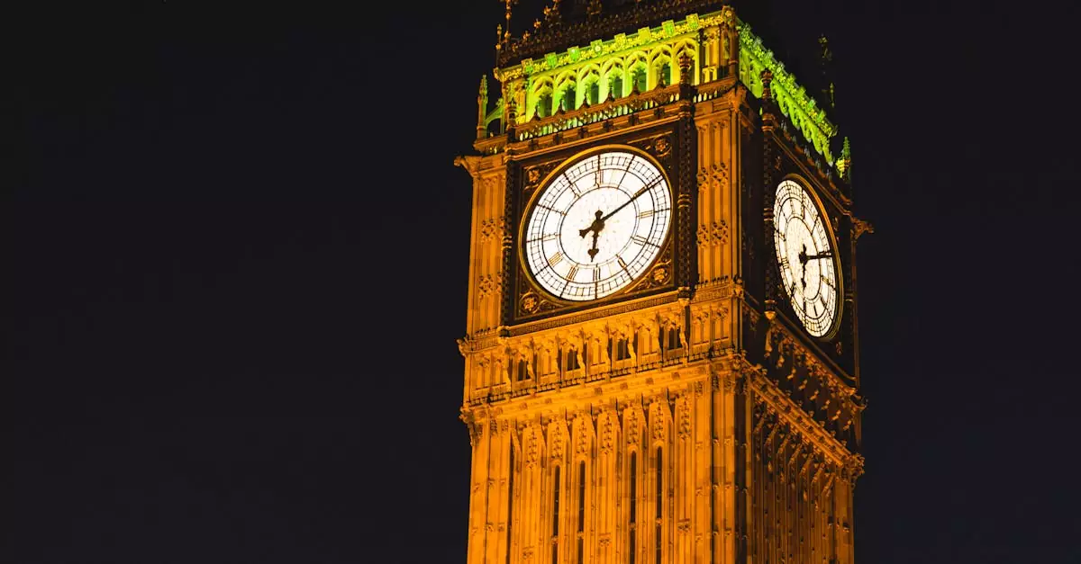 Stunning night view of London's Big Ben clock tower, brightly lit against a dark sky.