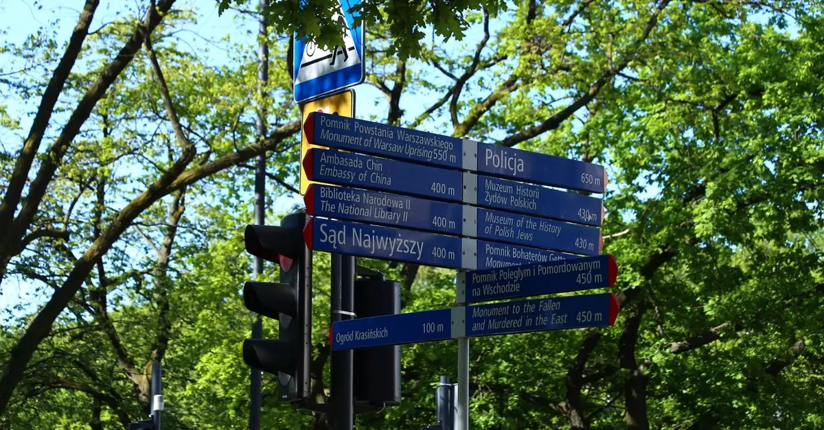 A street sign in Warsaw, Poland, showing directions to notable locations.