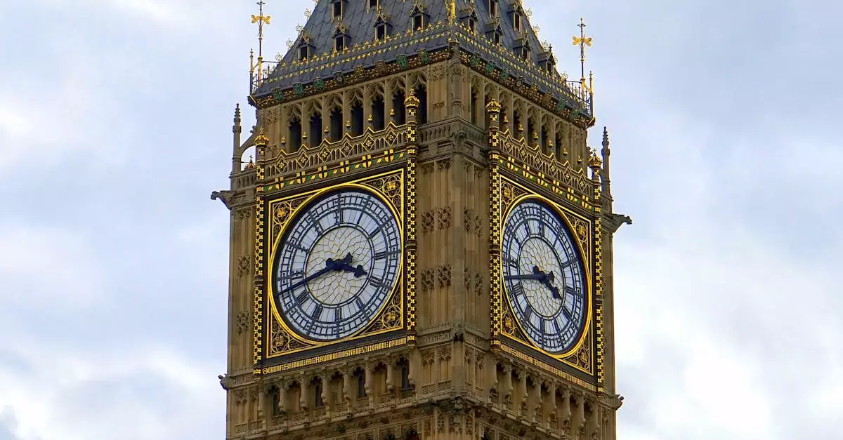 Close-up of the famous Big Ben clock tower against a cloudy sky in London, England.