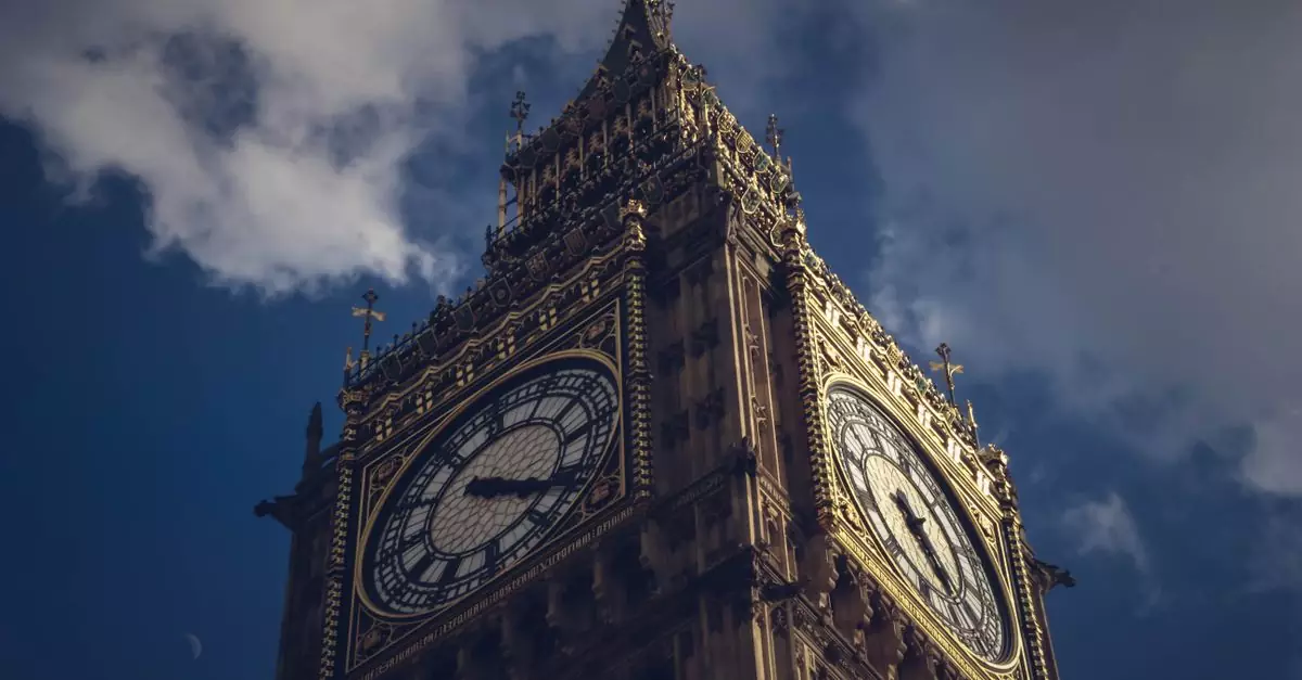 Stunning low-angle shot of Big Ben's clock tower under a dramatic sky, highlighting its architectural beauty.