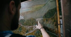 Back view of anonymous man pointing on wooden board with carved painting of mountains and roads