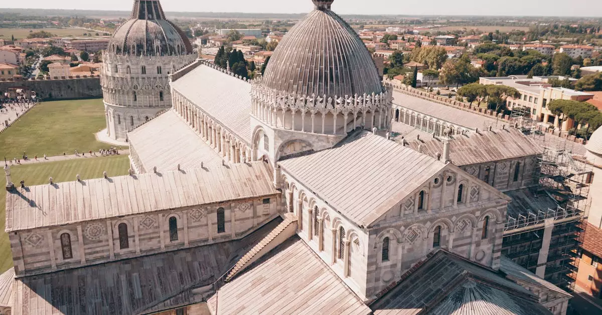 An aerial view of the Pisa Cathedral showcasing its architectural beauty in Tuscany, Italy.