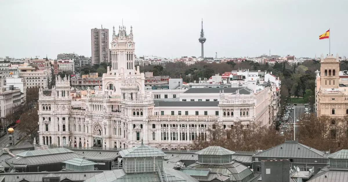 Captivating aerial view of the iconic Palacio de Cibeles and Madrid cityscape, Spain.