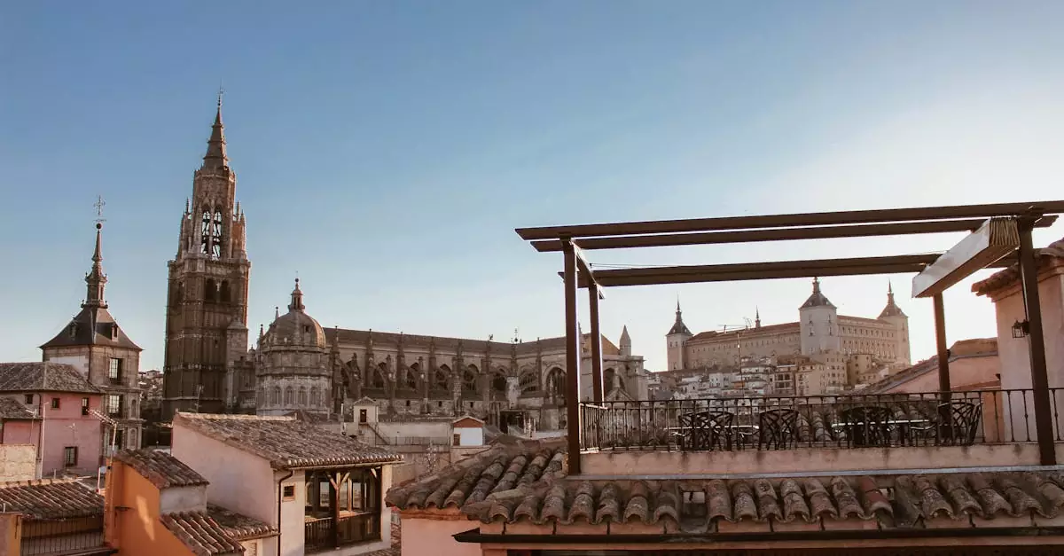 Capture of the Toledo skyline with the historic Gothic Toledo Cathedral under a clear sky.