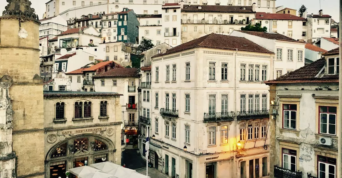 Amazing cityscape of Coimbra with famous historic restaurant and old buildings near Igreja de Santa Cruz Monastery