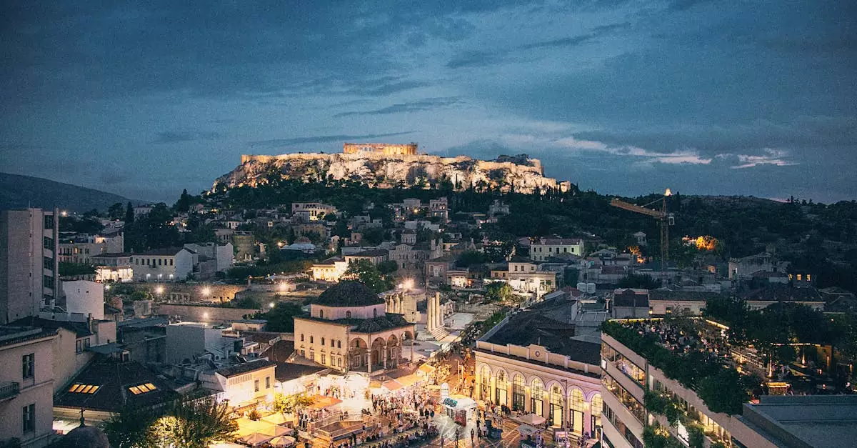 A mesmerizing night skyline of Athens featuring the illuminated Acropolis.