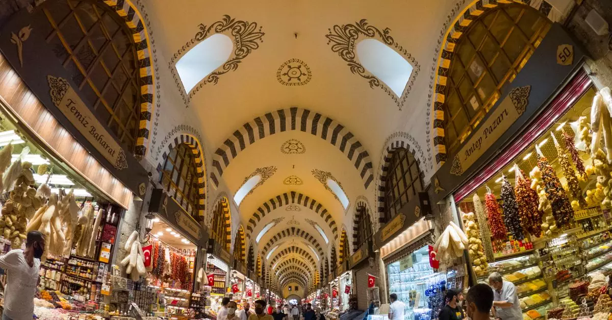 Discover the bustling Spice Bazaar in Istanbul with its arched ceilings and vibrant stalls.