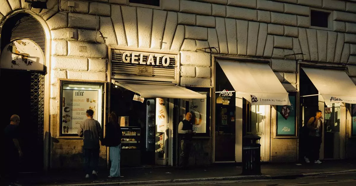 Street view of a gelato shop in Rome during evening with people enjoying the urban ambiance.