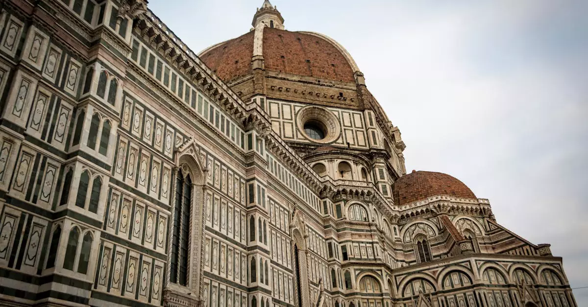 Close-up of Brunelleschi's Dome at Florence Cathedral, showcasing intricate architectural details.