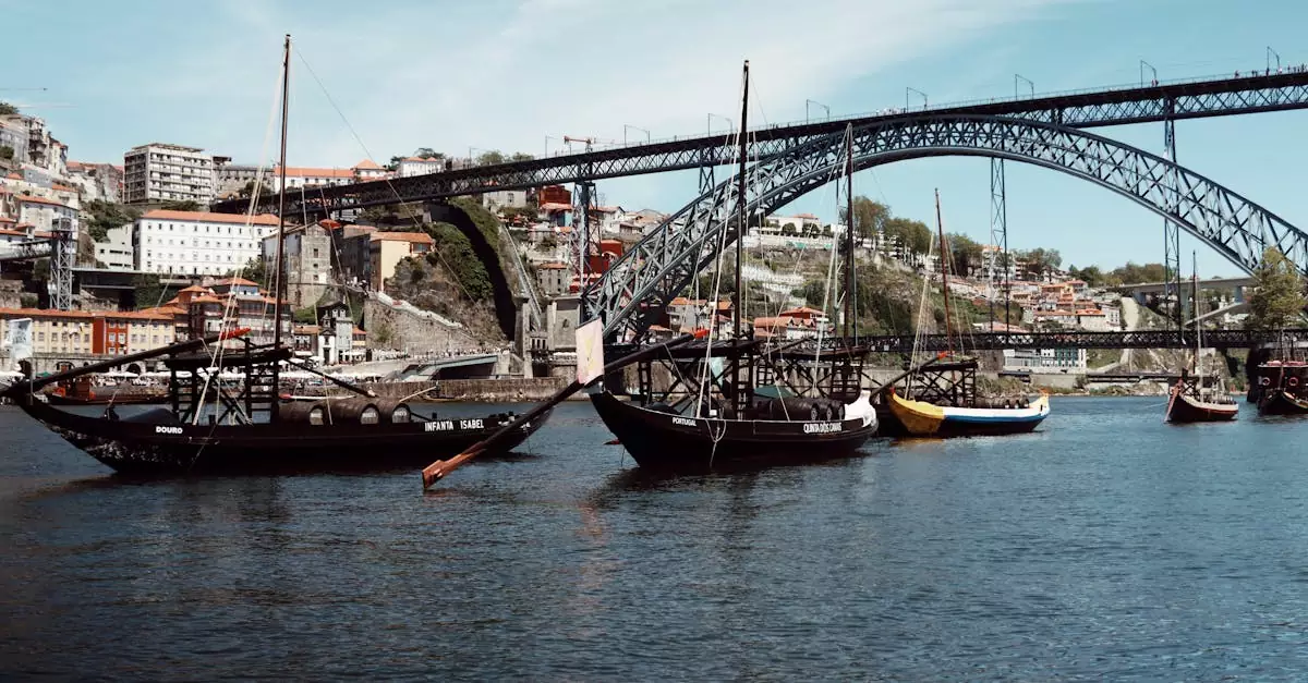 Discover the iconic Luís I Bridge in Porto with traditional sailboats on the Douro River.