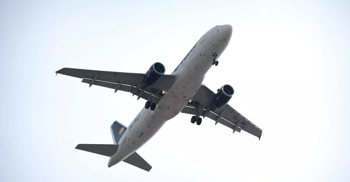 Low angle shot of a commercial airplane flying in a clear sky, showcasing aviation dynamics.
