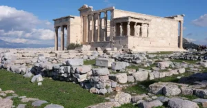 Stunning view of the Erechtheion temple in Athens, showcasing ancient Greek architecture amidst the ruins.