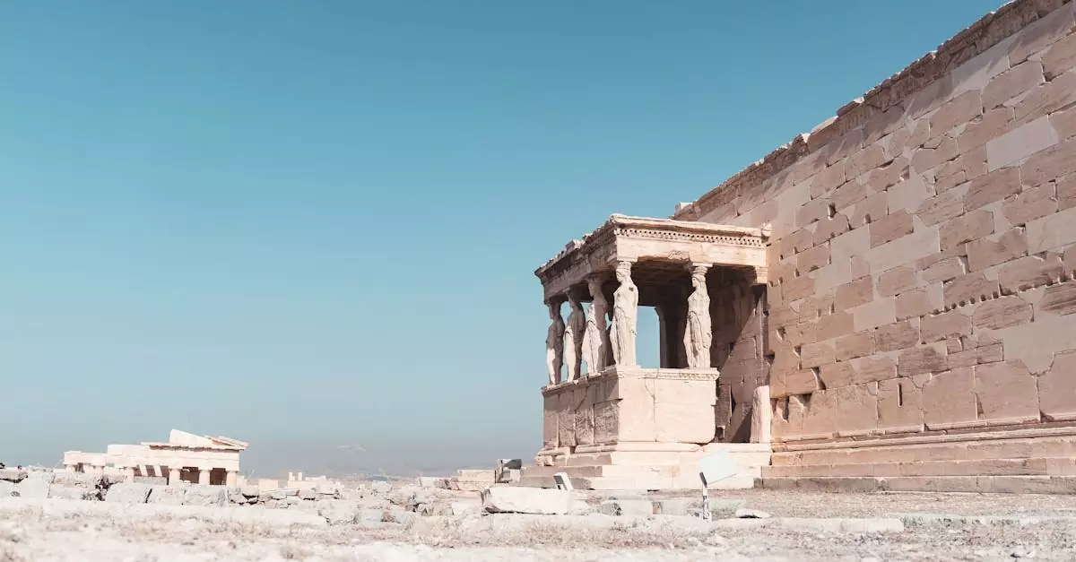 A view of the ancient Erechtheion Temple at the Acropolis in Athens, Greece.
