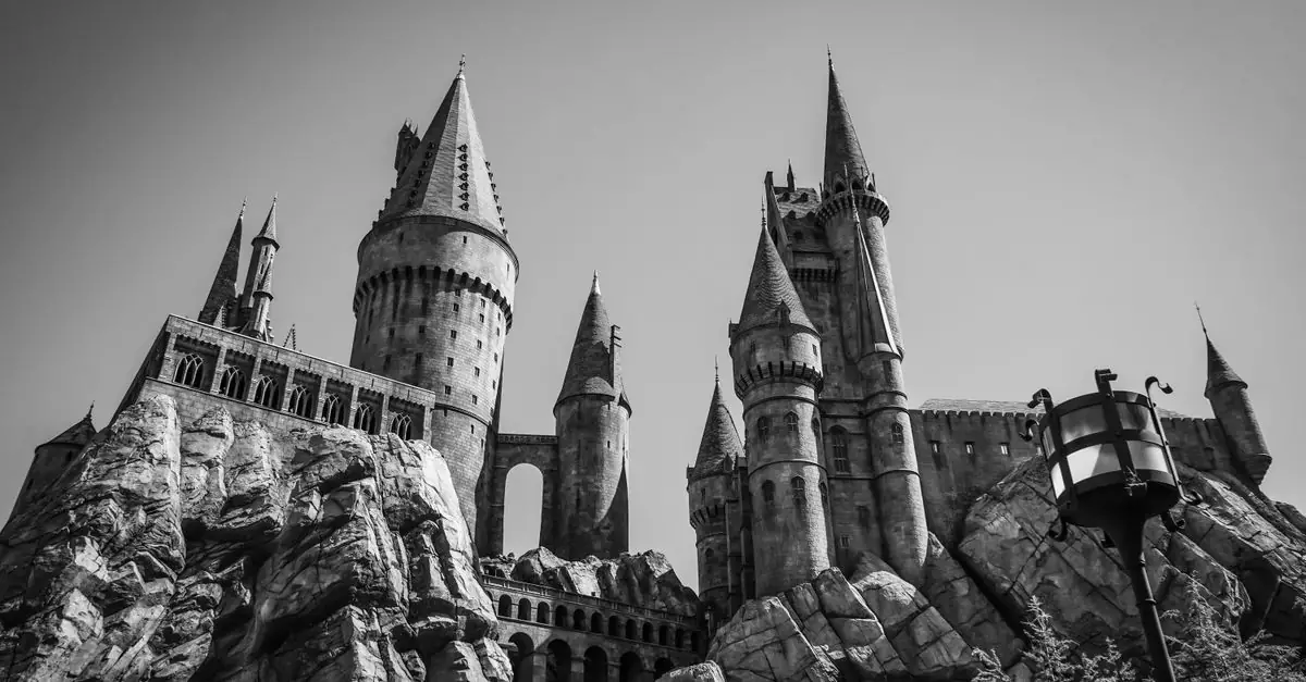 Stunning black and white image of the iconic Hogwarts Castle at Universal Studios Hollywood.