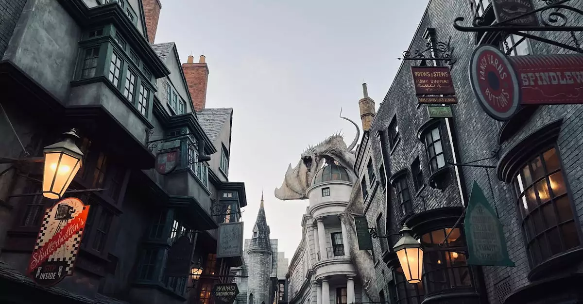 Immersive view of Diagon Alley at Universal Orlando, showcasing iconic architecture and detail.