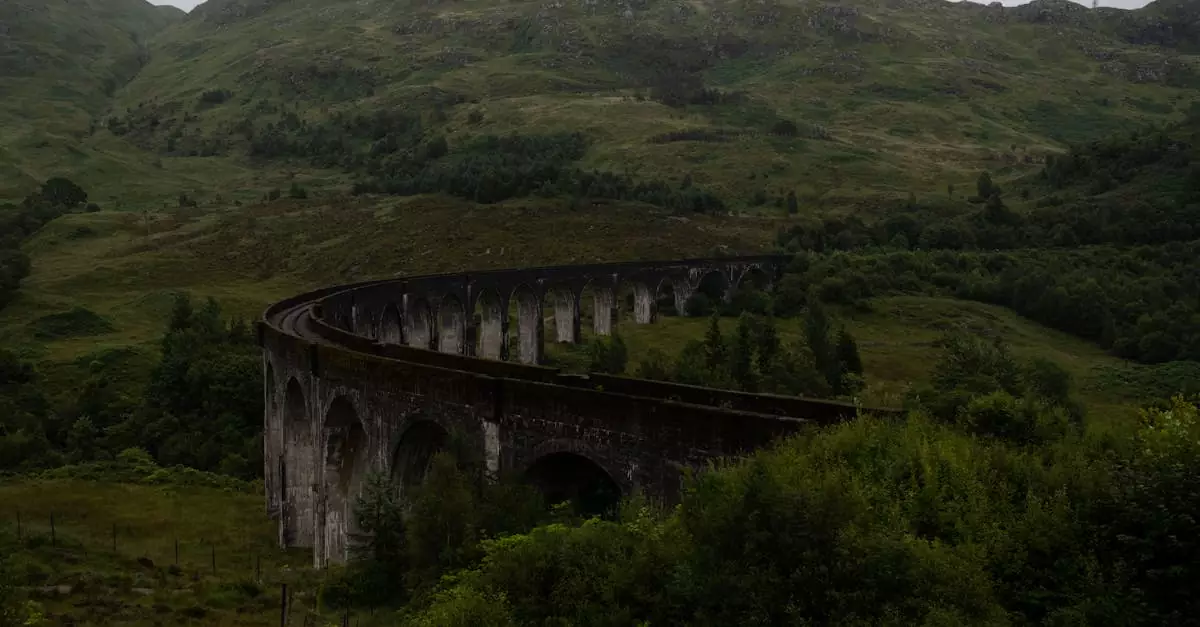 Scenic view of the historic Glenfinnan Viaduct in the lush Scottish Highlands.