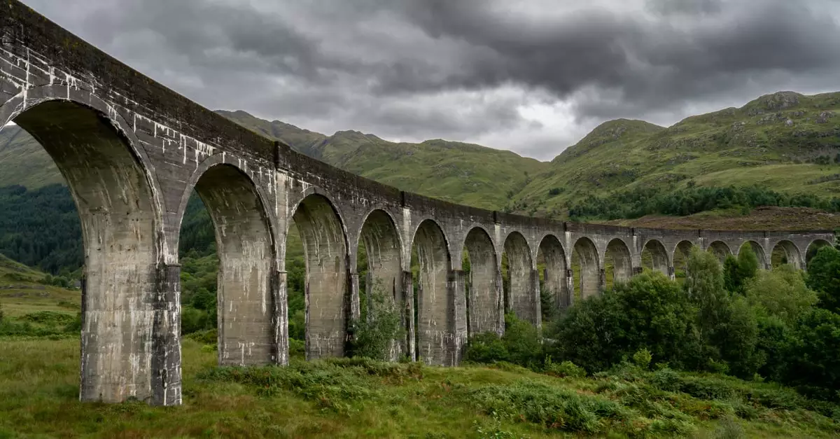 Stunning view of Glenfinnan Viaduct in Scotland, surrounded by lush greenery and dramatic clouds.