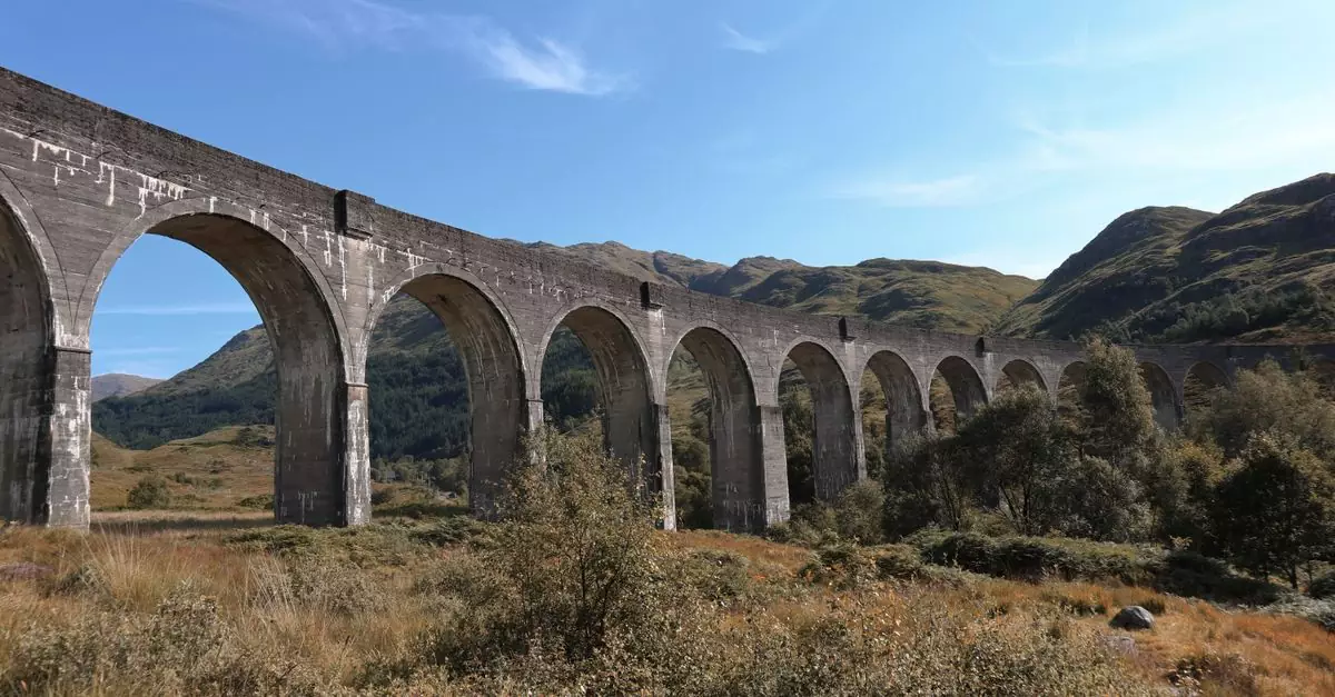 Scenic view of the iconic Glenfinnan Viaduct in the Scottish Highlands, showcasing stunning arches and lush landscape.