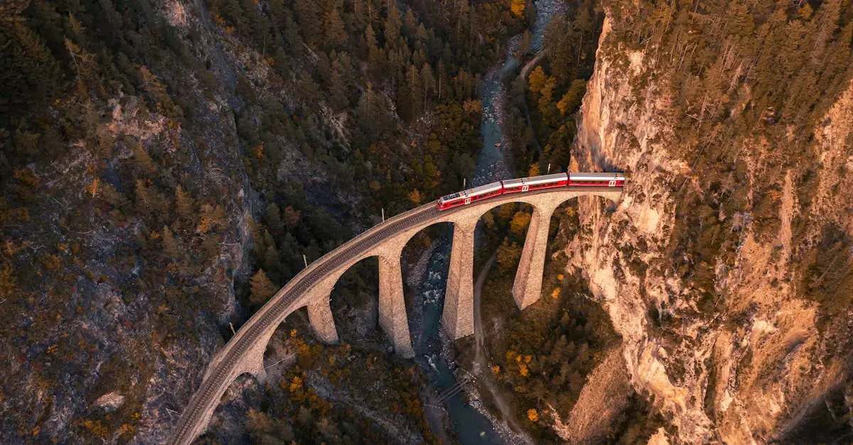 Drone shot of a train crossing the iconic Landwasser Viaduct in Switzerland.
