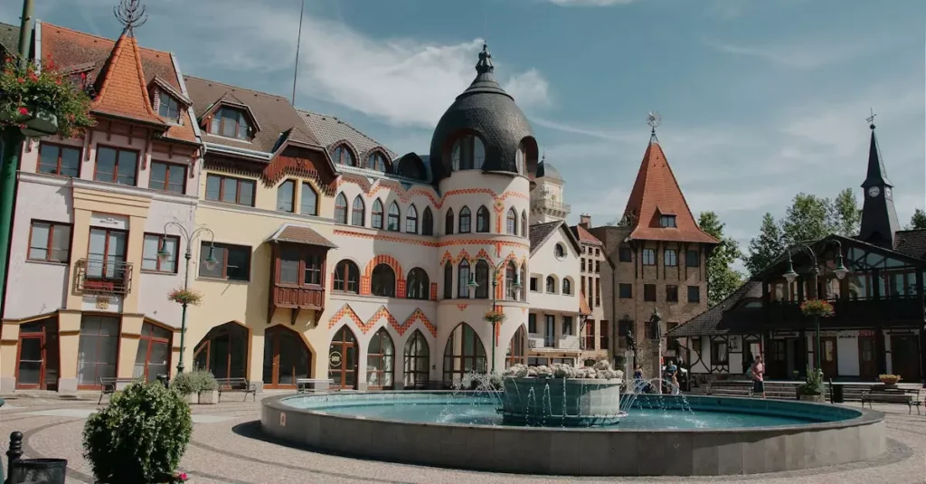 Scenic view of charming architecture and fountain in Komárno, Slovakia. Perfect for travel enthusiasts.