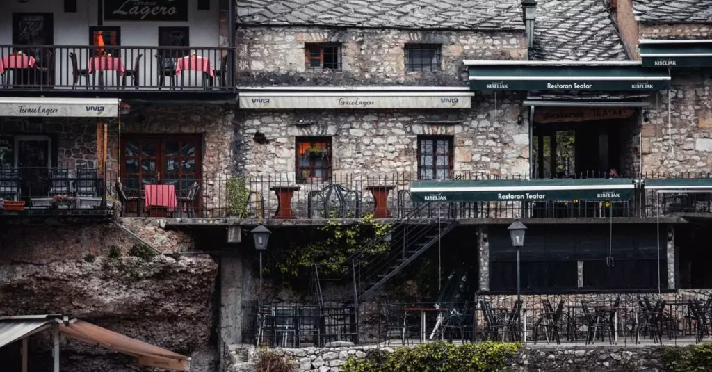 Discover the historic charm of stone buildings in Mostar, Bosnia and Herzegovina.