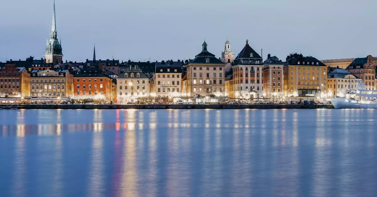 Beautiful twilight cityscape of Stockholm waterfront with historic buildings reflected in calm waters.