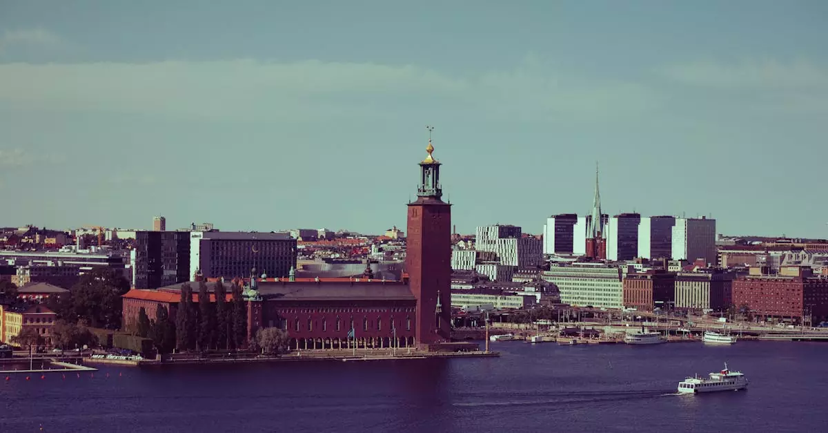 A beautiful cityscape of Stockholm featuring City Hall and waterfront views, perfect for travel and urban themes.