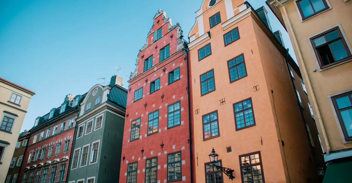 Vibrant and iconic buildings in Stockholm's historical Gamla Stan area.