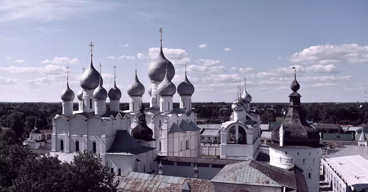 Stunning aerial view of the Rostov Kremlin under a summer sky in Russia.