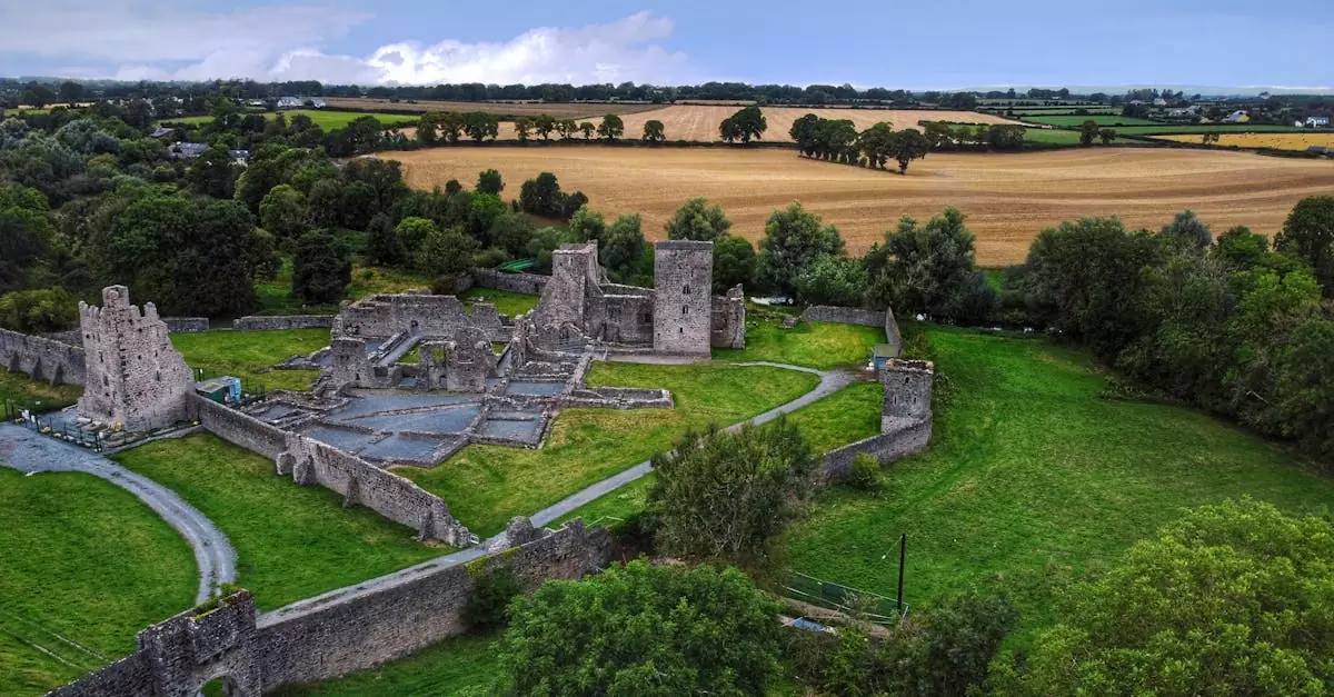 Discover the scenic ruins of Kells Priory in County Kilkenny, Ireland, captured via drone.
