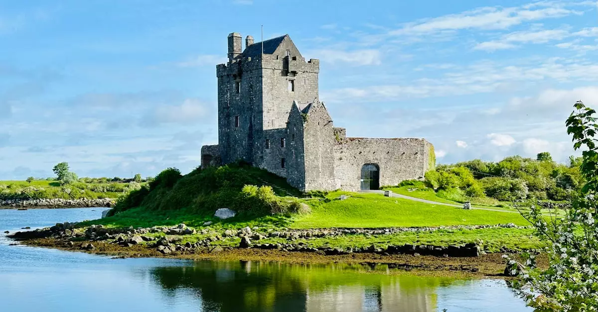 A picturesque portrayal of the historic Dunguaire Castle by the sea in Ireland, perfect for travel inspiration.
