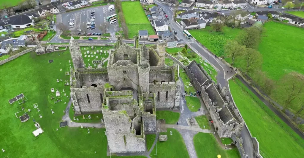 Stunning aerial view of the historic Rock of Cashel in County Tipperary, Ireland.