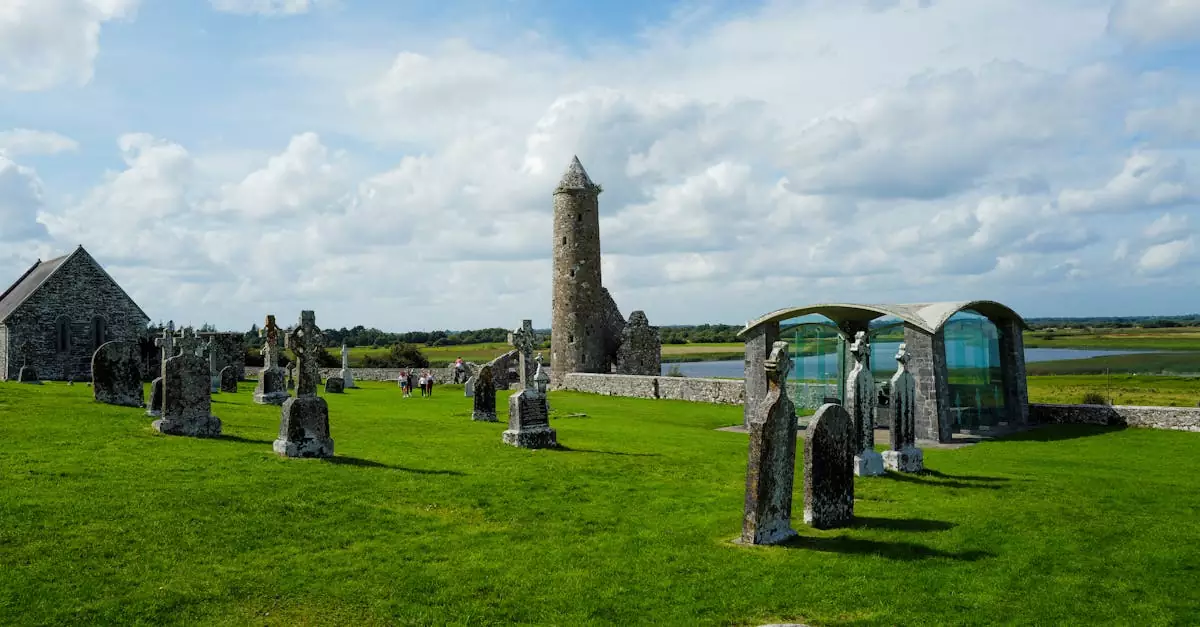 Explore the serene beauty of an ancient Irish cemetery with a distinctive round tower set against a vibrant green landscape.