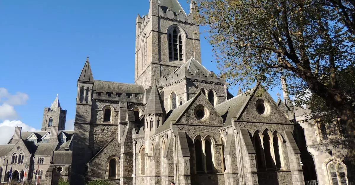 Gothic architecture of Christ Church Cathedral in Dublin on a sunny day.