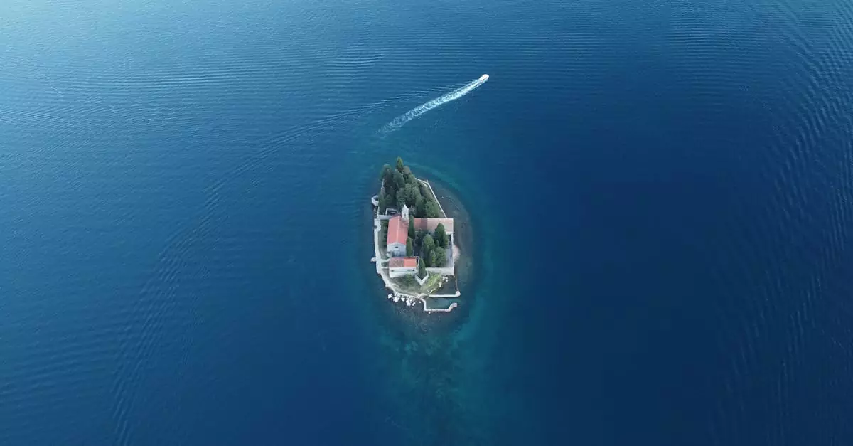 Aerial view of Saint George Island near Perast, Montenegro, in the Adriatic Sea.
