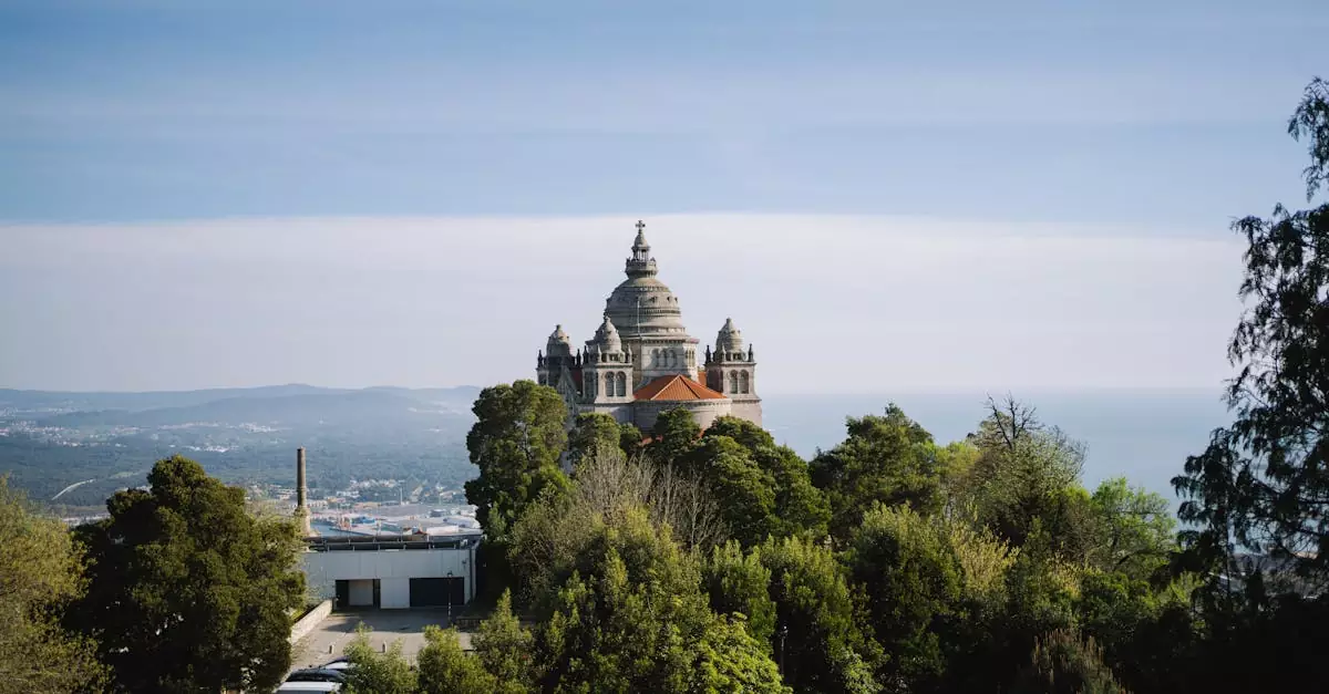 Scenic view of Basilica of Santa Luzia surrounded by lush greenery in Viana do Castelo, Portugal.