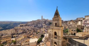 Beautiful panoramic view of Matera's ancient cityscape with historical architecture.