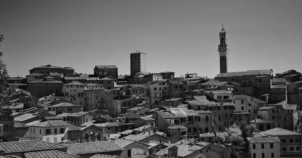 Monochrome view of Siena's historic skyline with iconic Torre del Mangia.